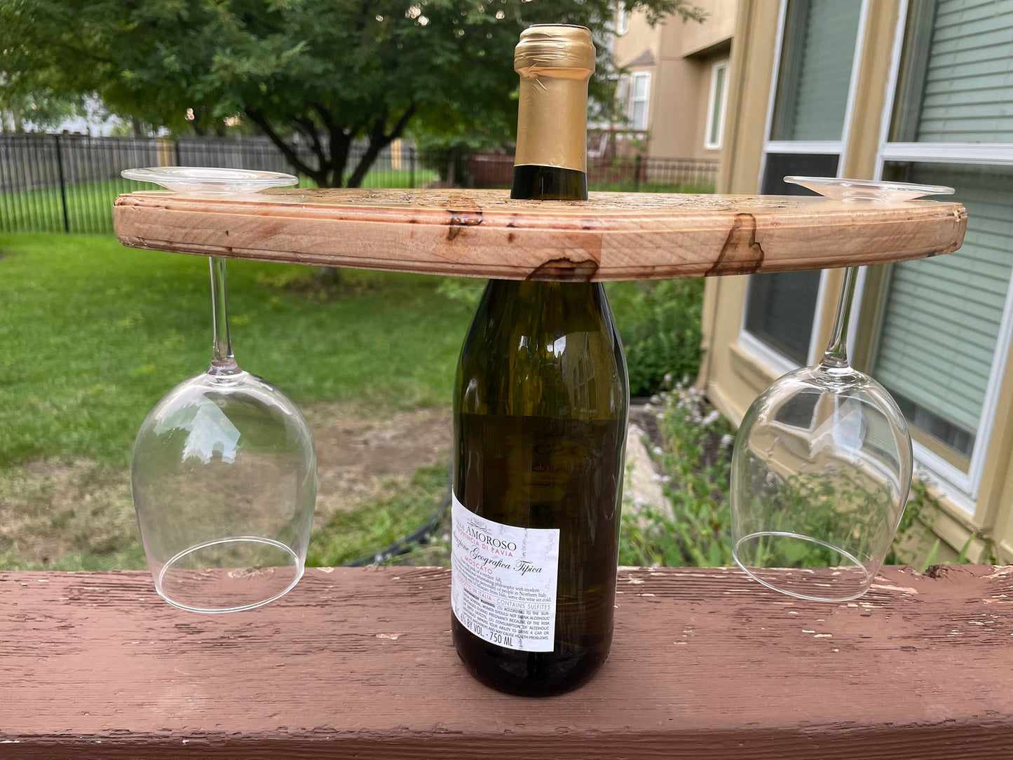 Wood Burned Ambrosia Wood Wine Bottle and Wine Glass Holder - A natural floral mandala - Perfect for a picnic or date night