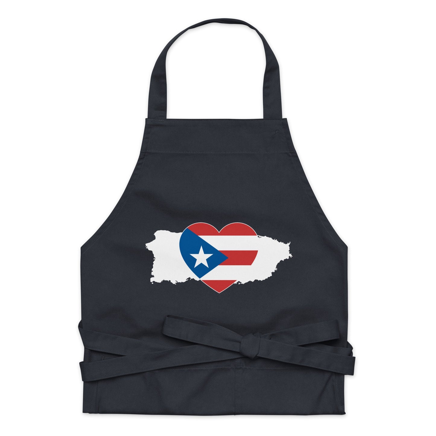 Organic cotton apron with Puerto Rico Symbol - White silhouetted island in the shape of the boricua's home - carribean pride