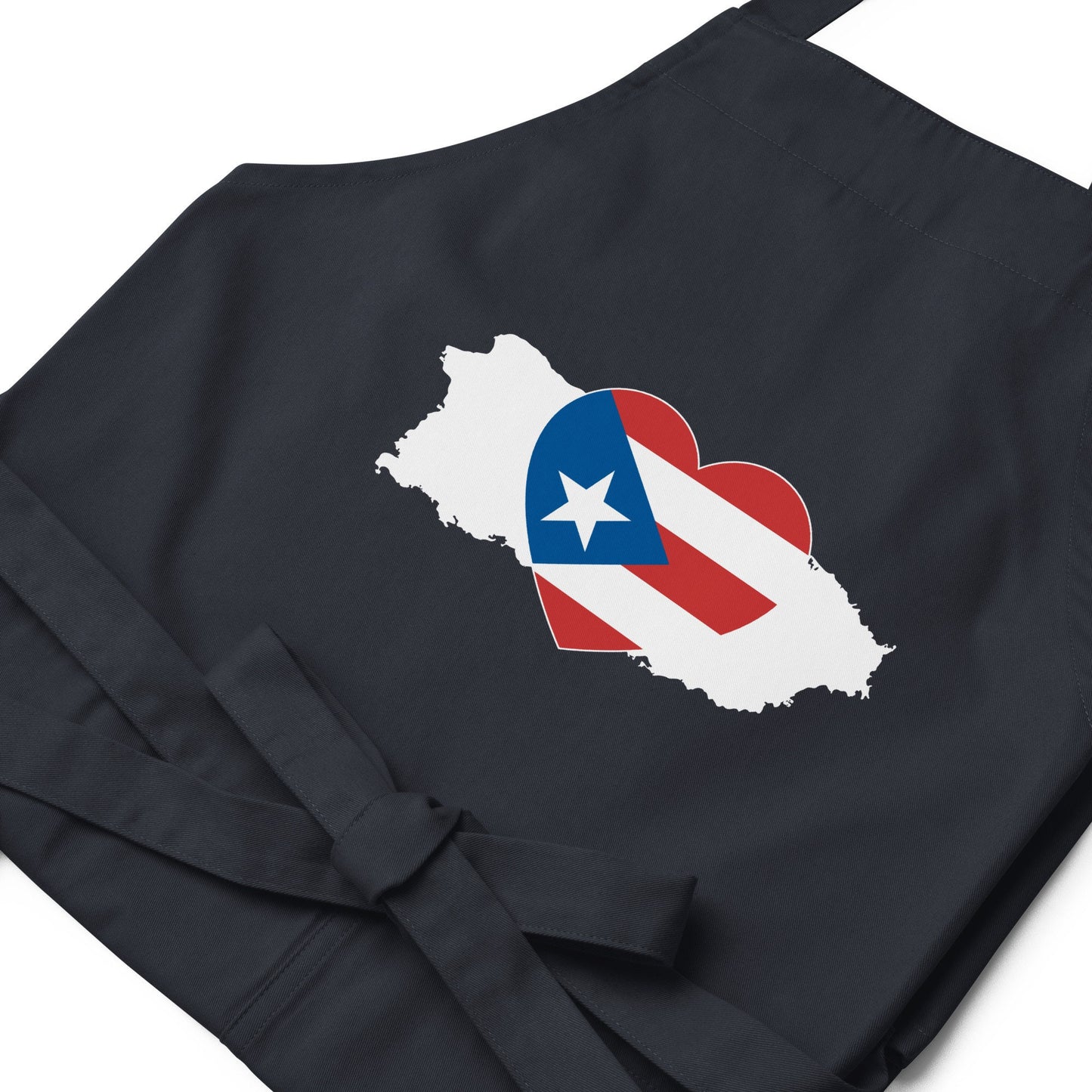 Organic cotton apron with Puerto Rico Symbol - White silhouetted island in the shape of the boricua's home - carribean pride