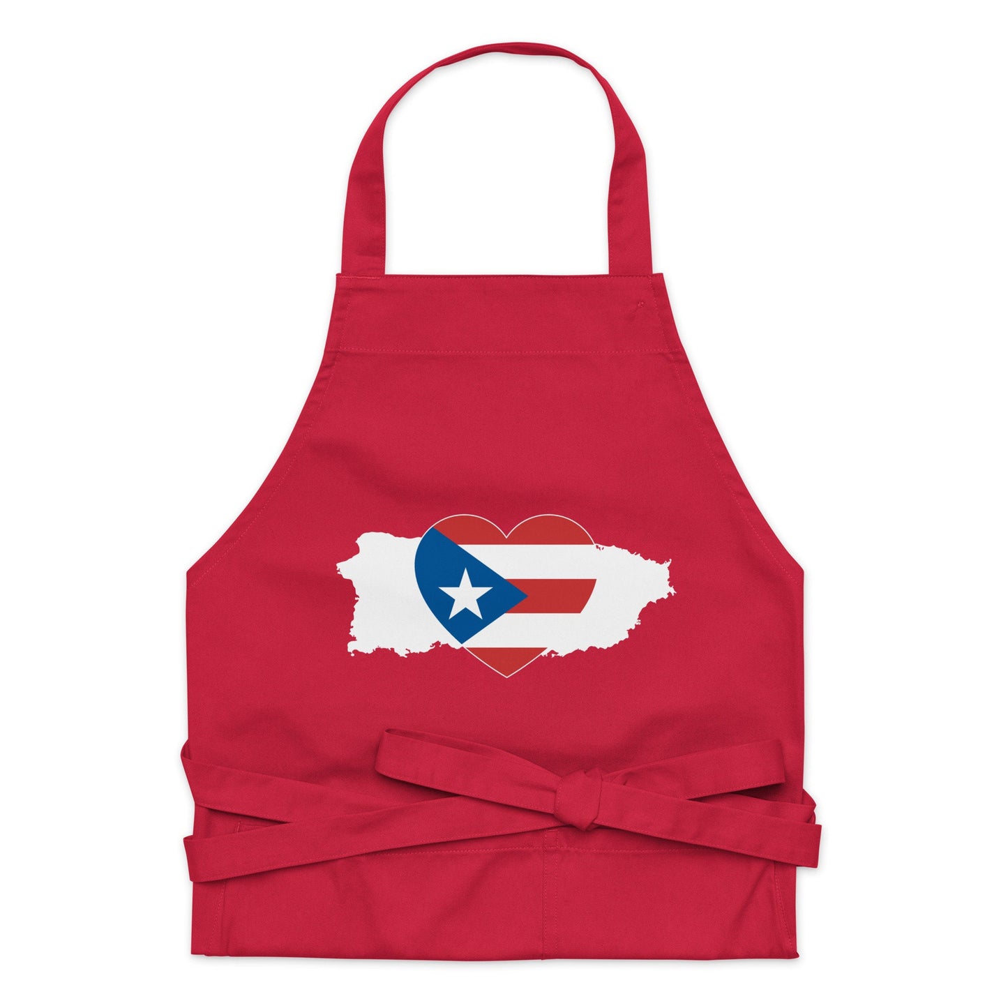 Organic cotton apron with Puerto Rico Symbol - White silhouetted island in the shape of the boricua's home - carribean pride