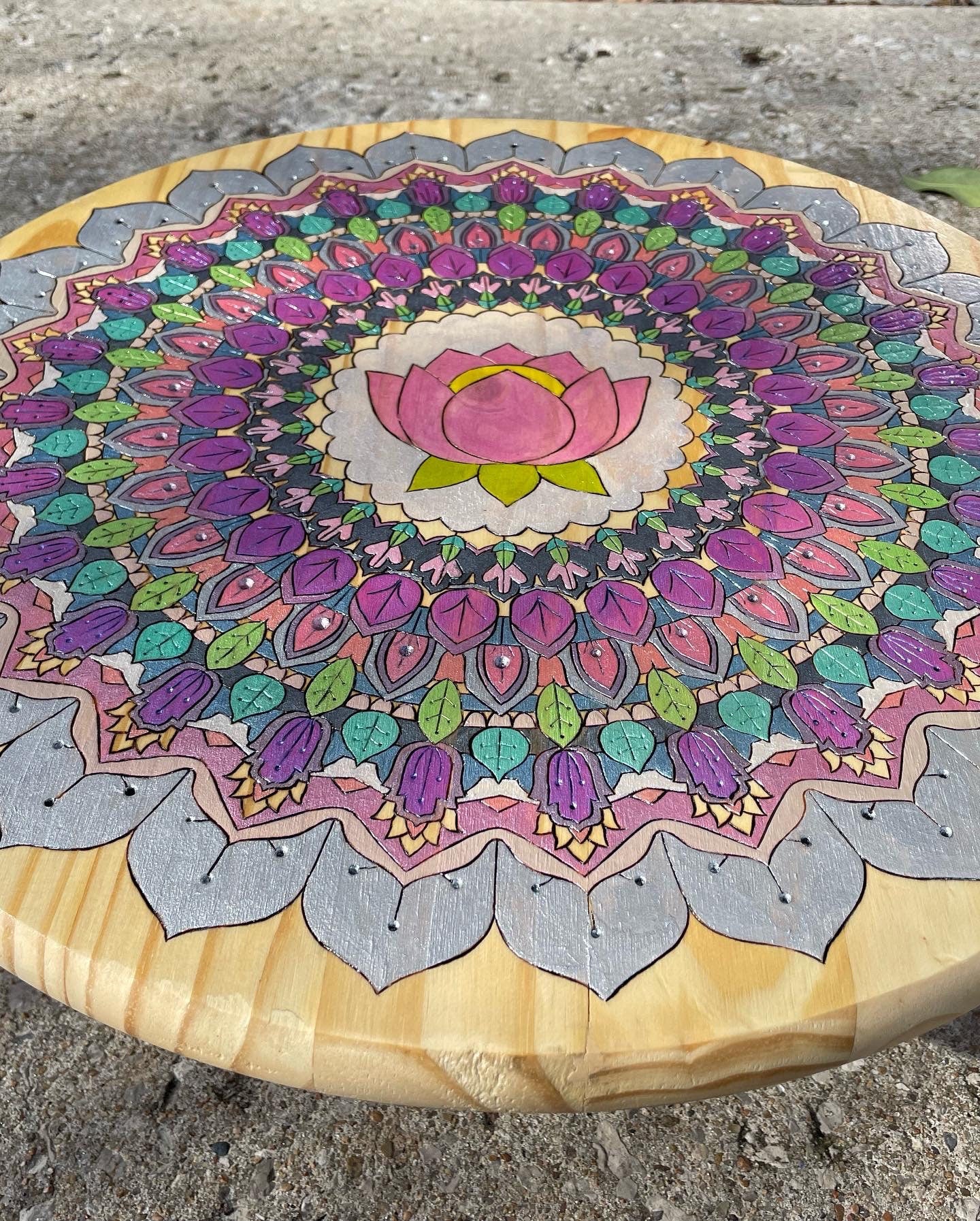 18 inch Round Pine Mandala - Perfect for Center Pieces or Wall Decor - features a lotus as well as floral and intricate foliage patterns