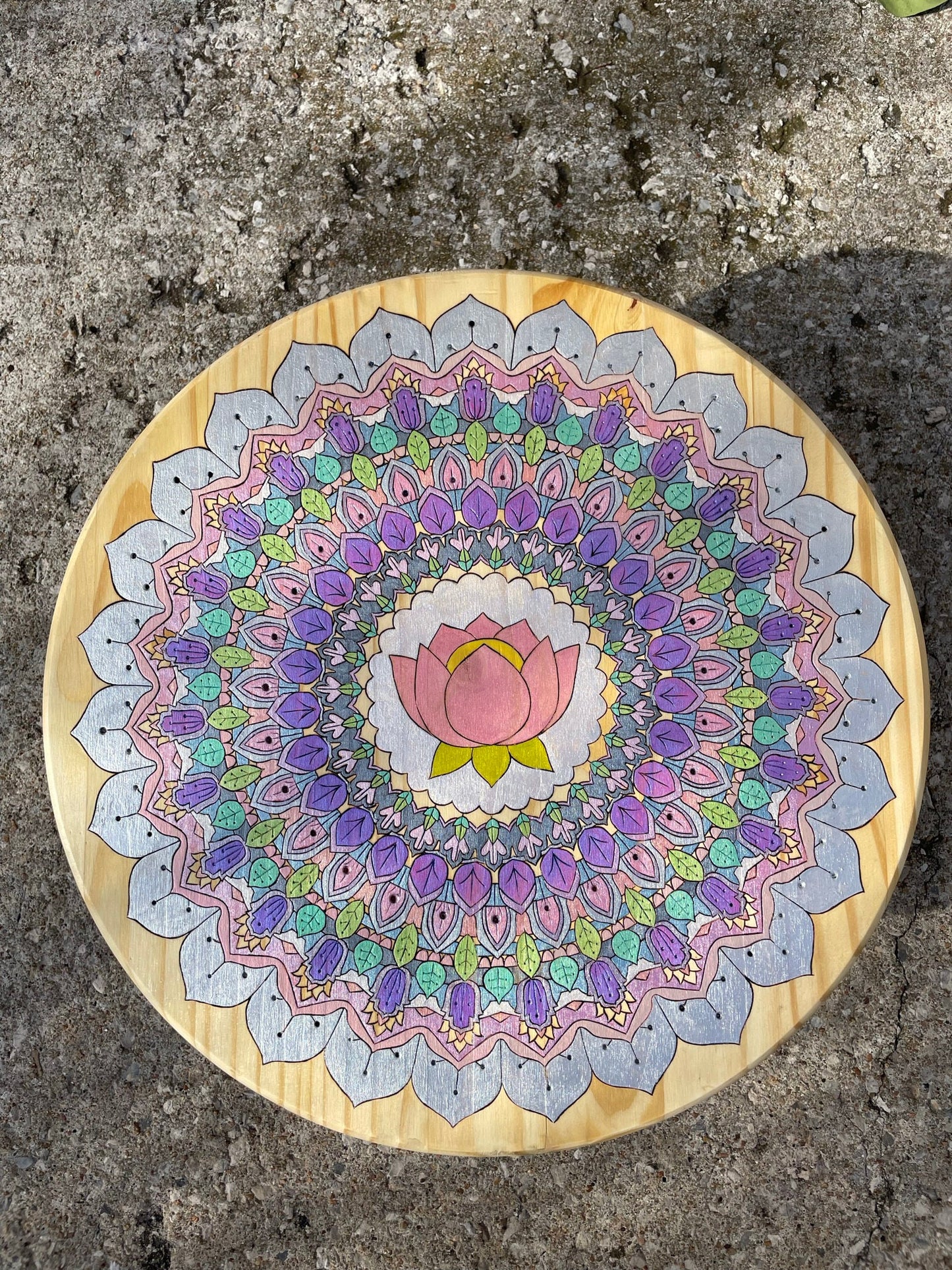 18 inch Round Pine Mandala - Perfect for Center Pieces or Wall Decor - features a lotus as well as floral and intricate foliage patterns