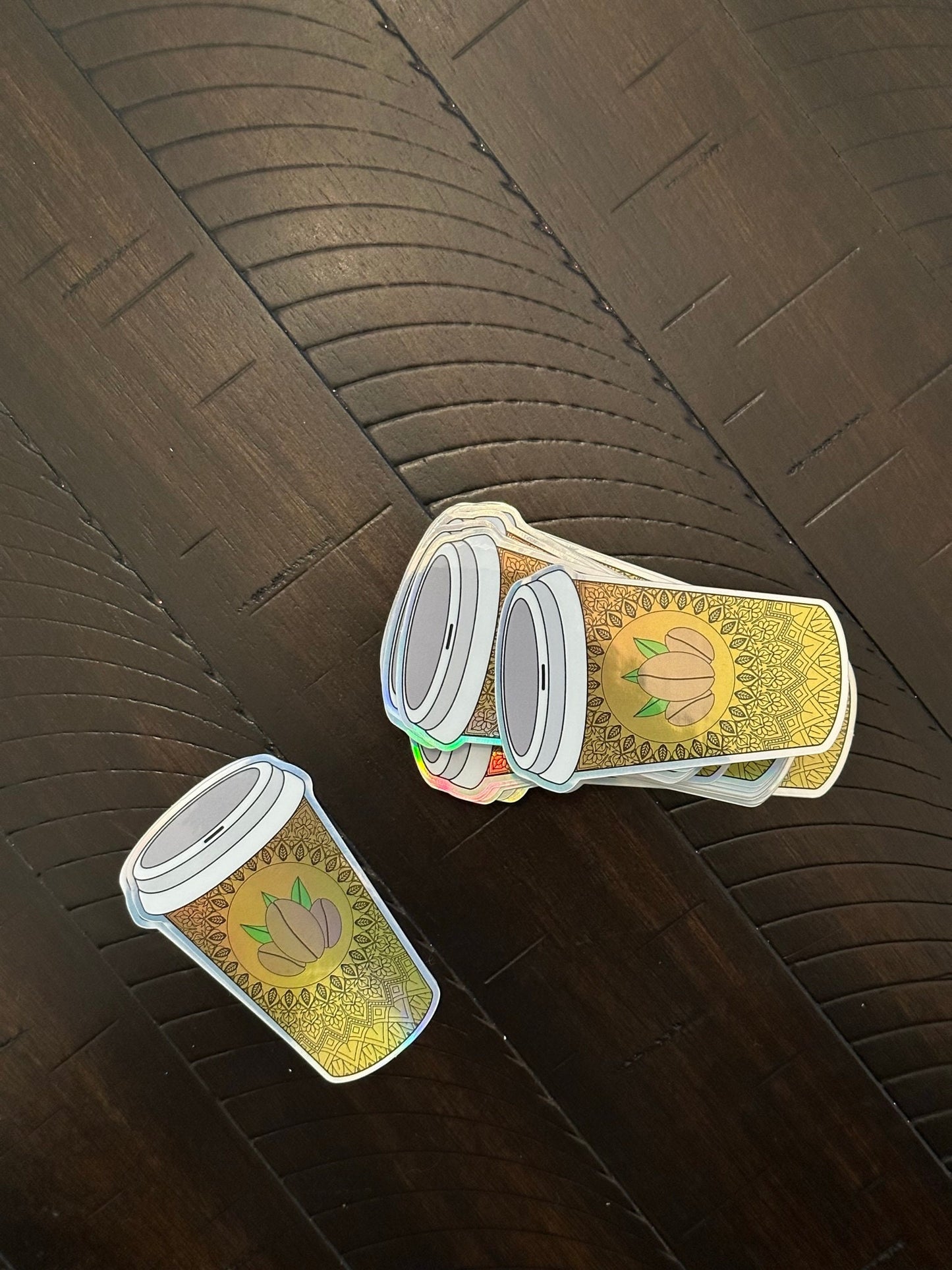 Coffee Sticker - Holographic Mandala Pattern Perfect for scrapbooking or laptops and tumblers showing different colors at certain angles