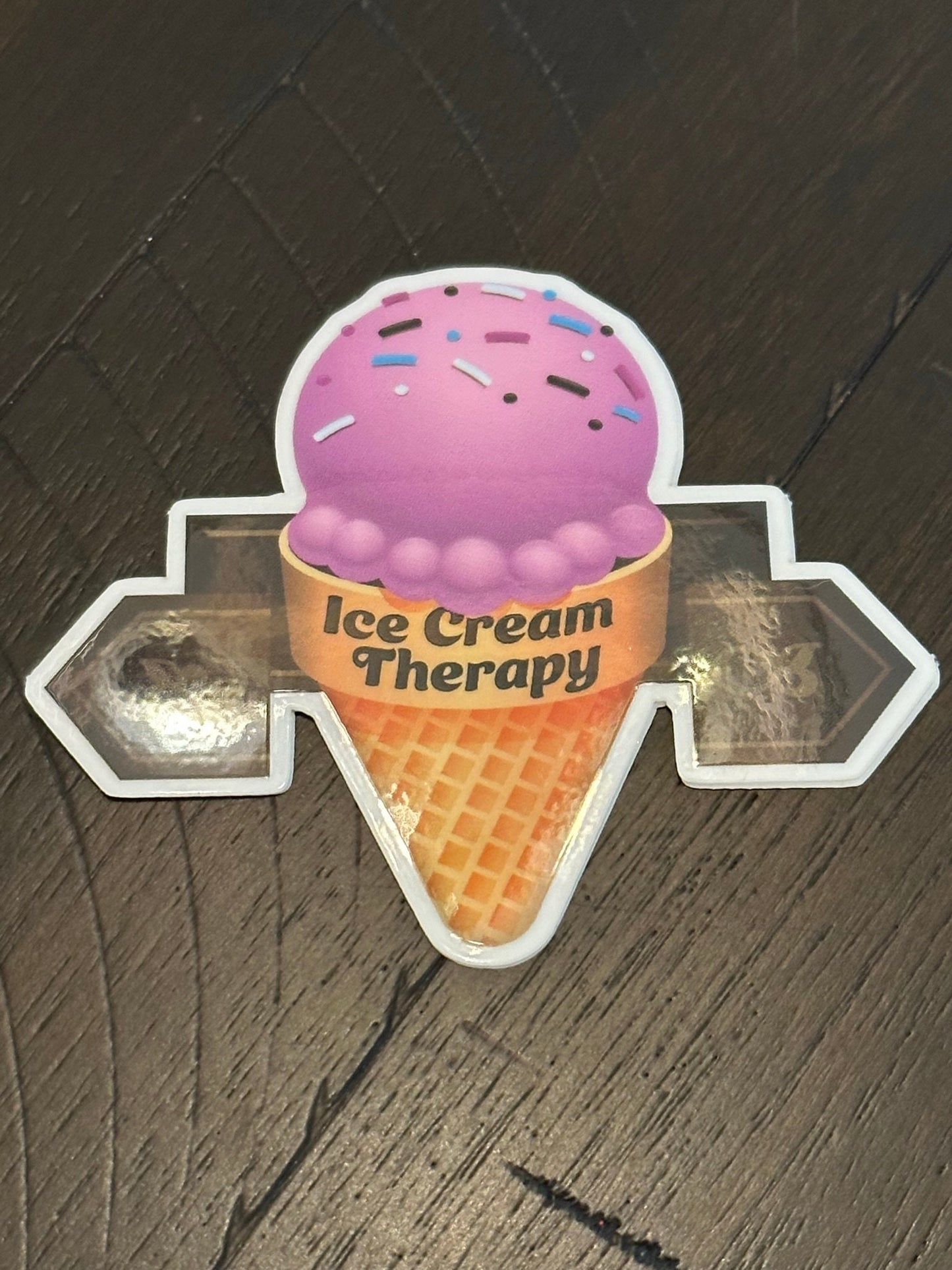 Ice Cream Therapy - Clear Sticker - 3 inches wide by 2.65 tall showing a strawberry sherbet with brown labels