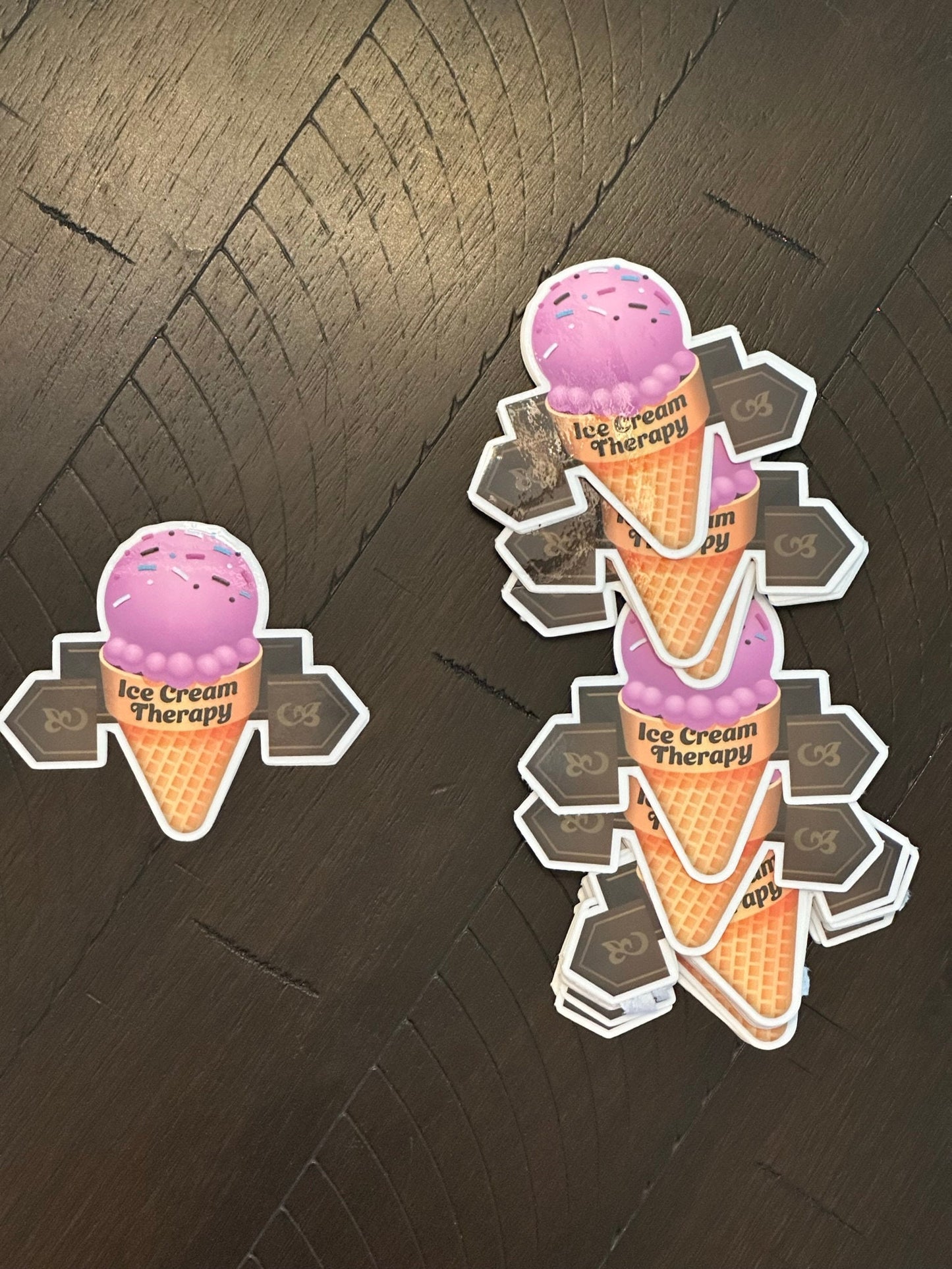 Ice Cream Therapy - Clear Sticker - 3 inches wide by 2.65 tall showing a strawberry sherbet with brown labels