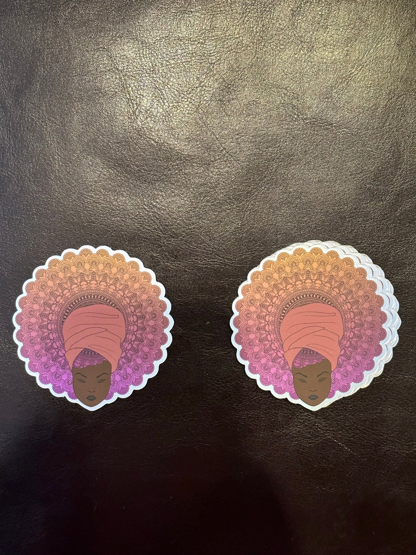 Holographic Stickers with Mandala Hairstyle and Matte Finish - Pretty Woman with Head Scarf - Ankara Headwear - Big Hair don't care - ethnic