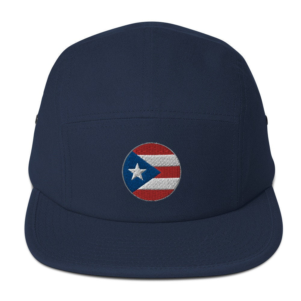 Five Panel Cap with Embroidered Puerto Rico Emblem showing the boricuas love - circular style icon shown with white text on the back