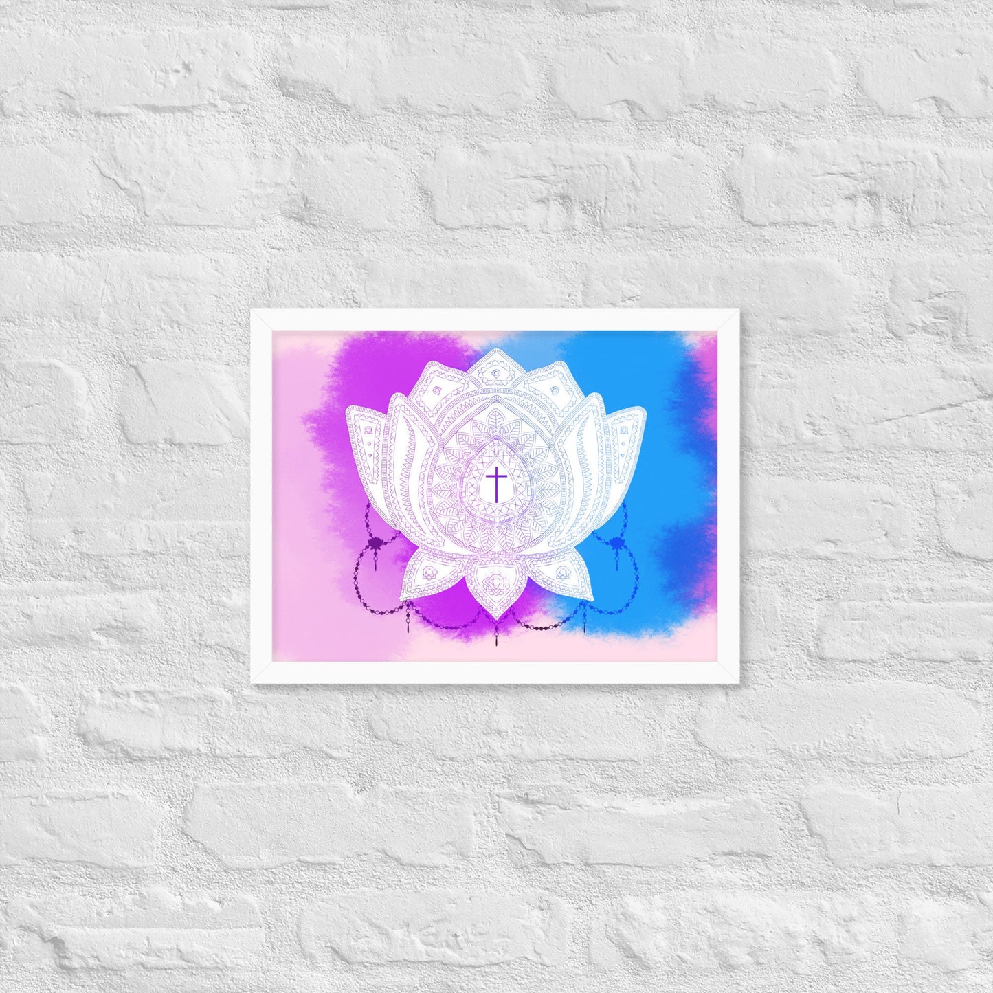 Framed matte paper poster with white lotus - features bright watercolor background with illustrated patterns within the art