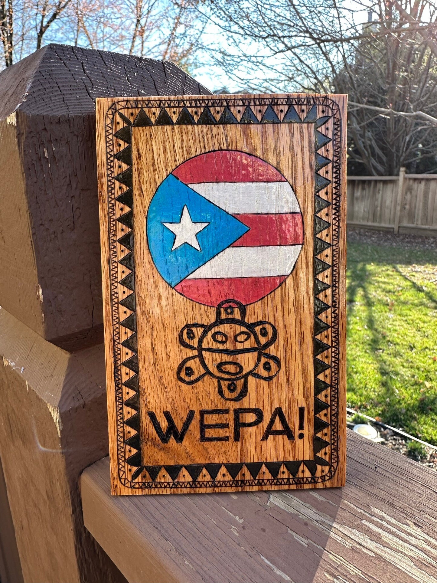 Wood Burned Puerto Rican Rounded Flag & Icon with Tribal iconography and Cultural Border - Metallic Acrylic Paint for flag colors - WEPA