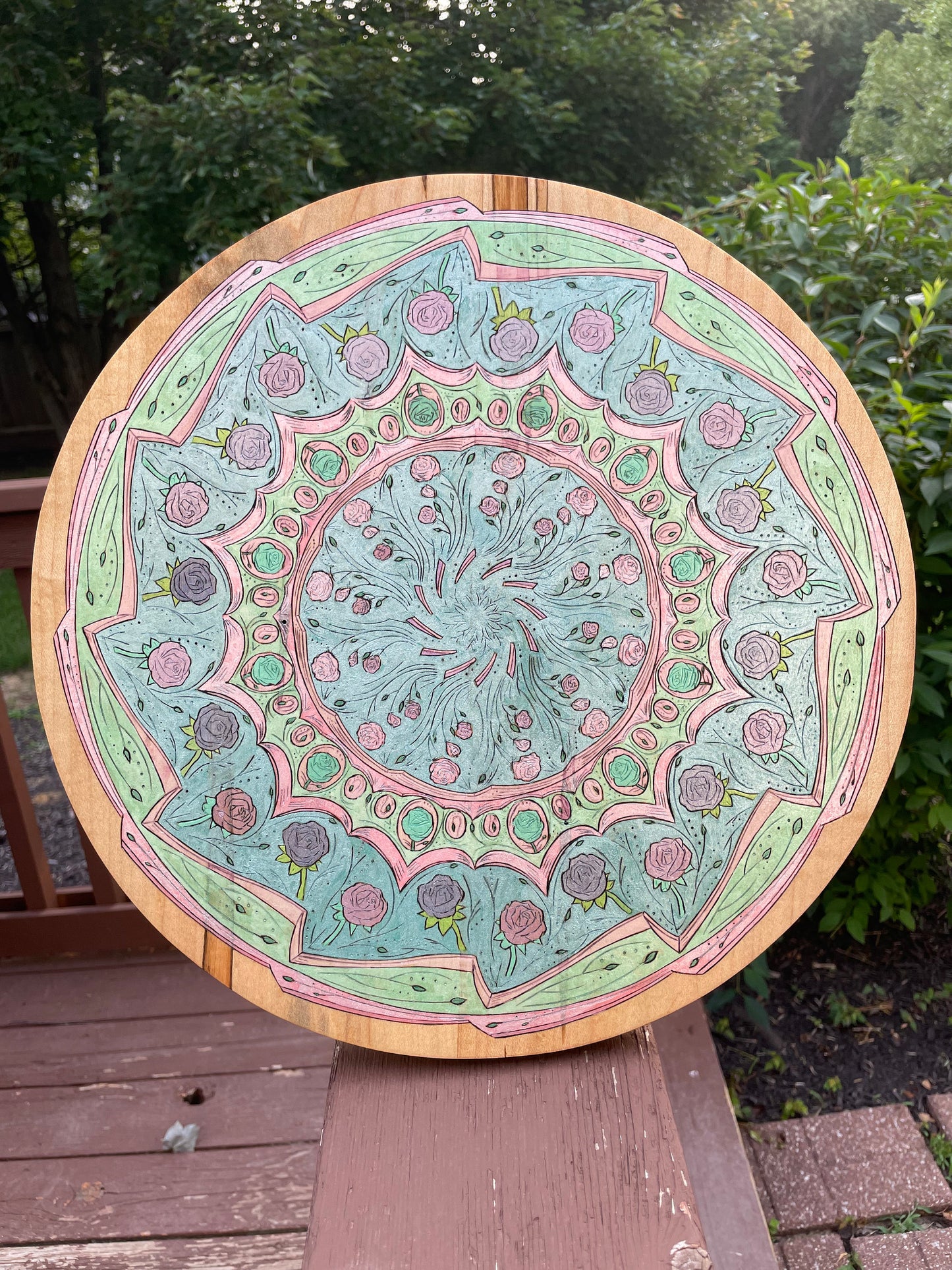 Wood Burned Floral Mandala with Metallic Water Color - Pyrographic concentric pattern with roses and floral pattern in a kaleidoscope style
