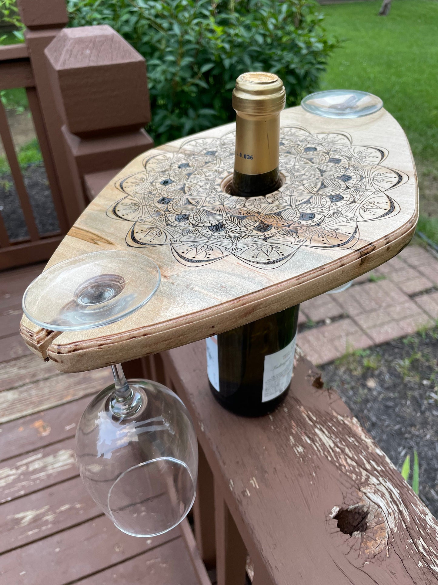 Wood Burned Ambrosia Wood Wine Bottle and Wine Glass Holder - A natural floral mandala - Perfect for a picnic or date night