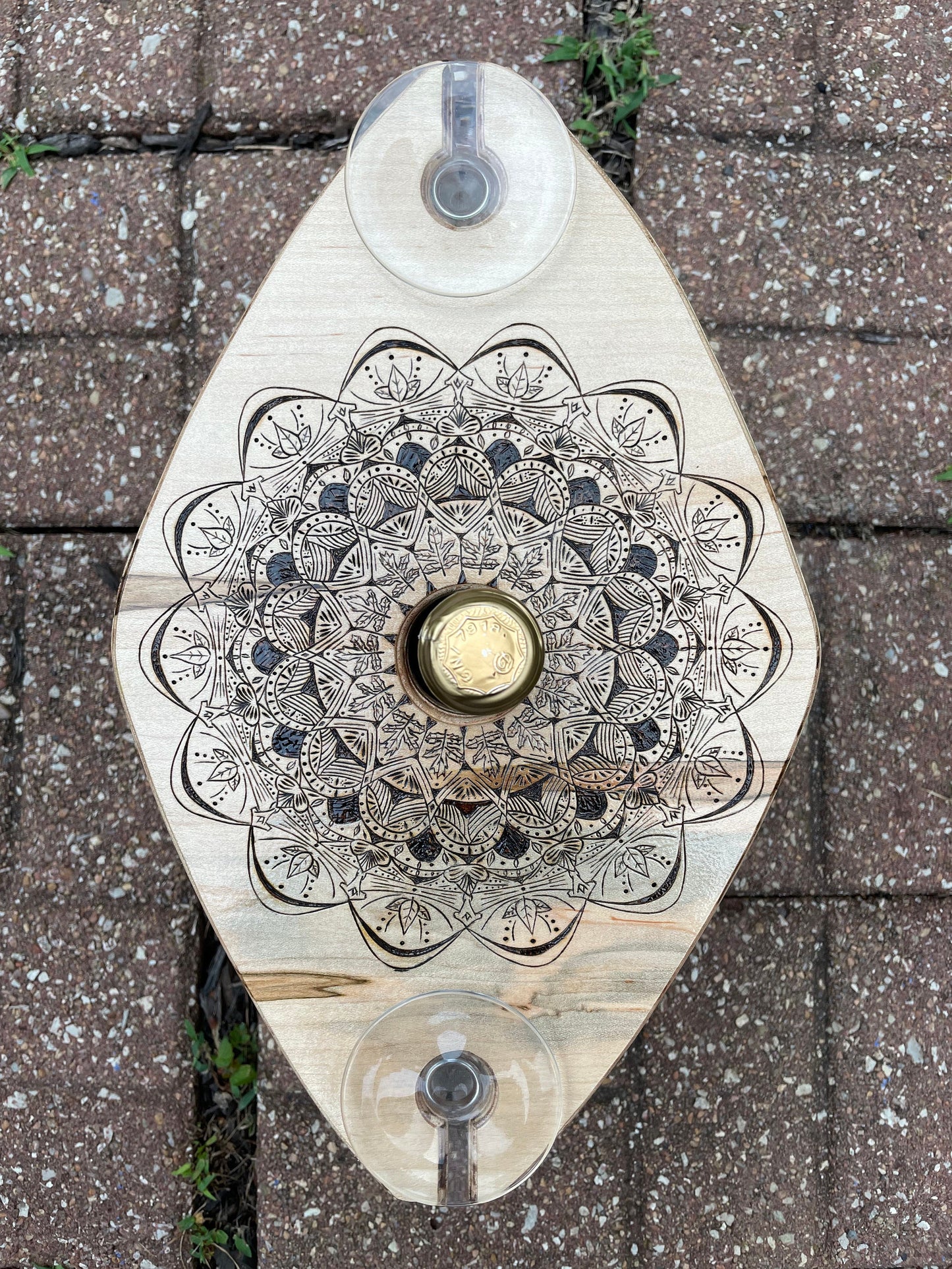 Wood Burned Ambrosia Wood Wine Bottle and Wine Glass Holder - A natural floral mandala - Perfect for a picnic or date night