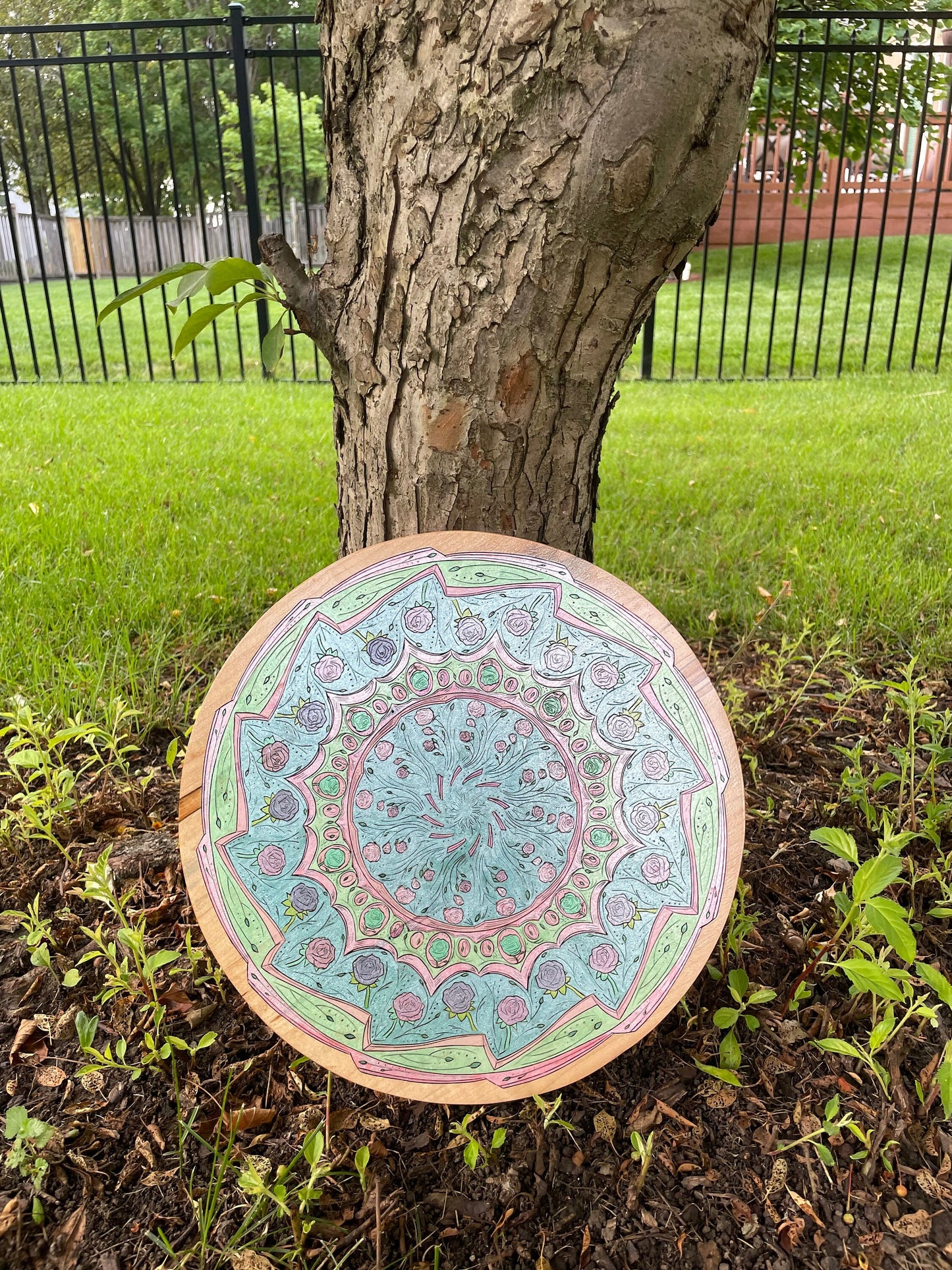 Wood Burned Floral Mandala with Metallic Water Color - Pyrographic concentric pattern with roses and floral pattern in a kaleidoscope style
