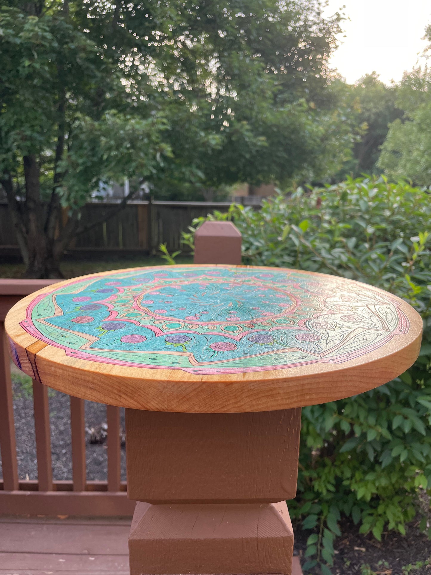 Wood Burned Floral Mandala with Metallic Water Color - Pyrographic concentric pattern with roses and floral pattern in a kaleidoscope style