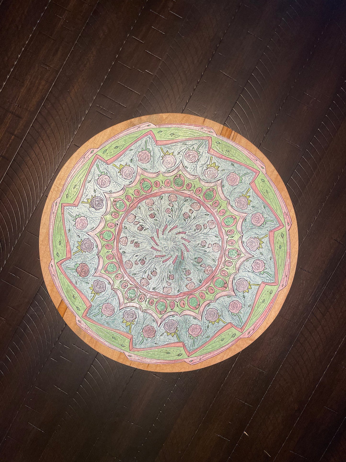 Wood Burned Floral Mandala with Metallic Water Color - Pyrographic concentric pattern with roses and floral pattern in a kaleidoscope style