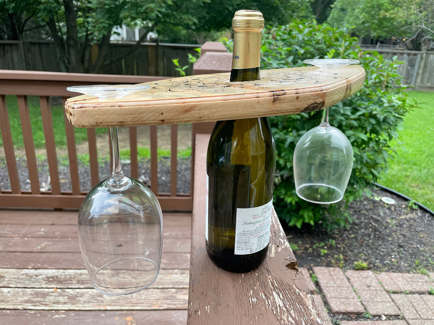 Wood Burned Ambrosia Wood Wine Bottle and Wine Glass Holder - A natural floral mandala - Perfect for a picnic or date night