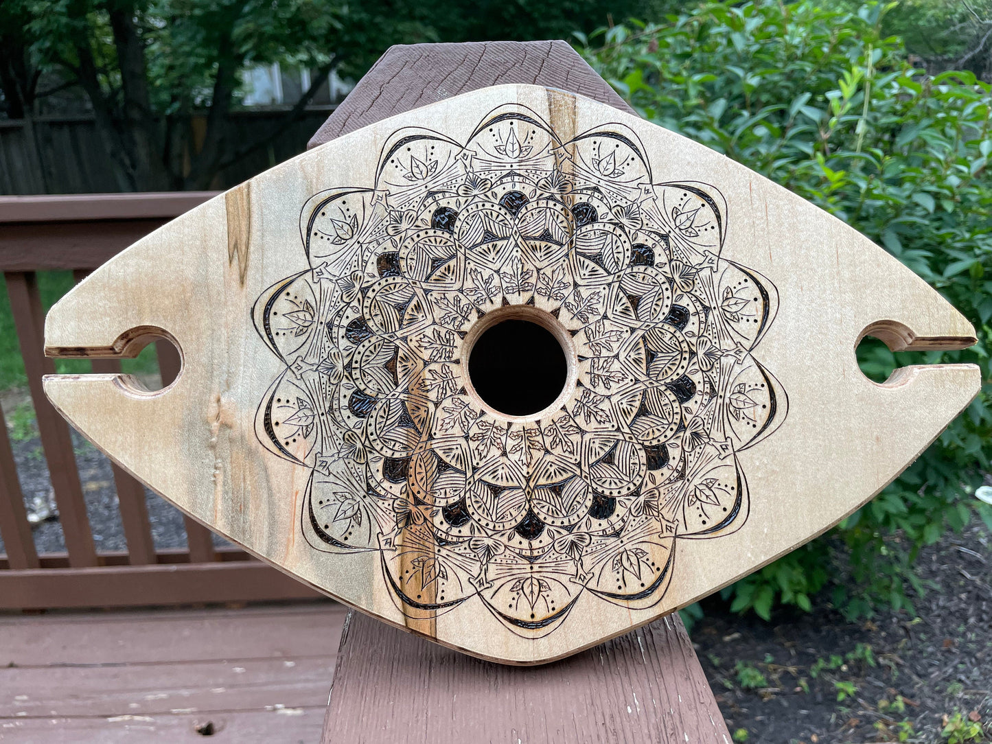 Wood Burned Ambrosia Wood Wine Bottle and Wine Glass Holder - A natural floral mandala - Perfect for a picnic or date night