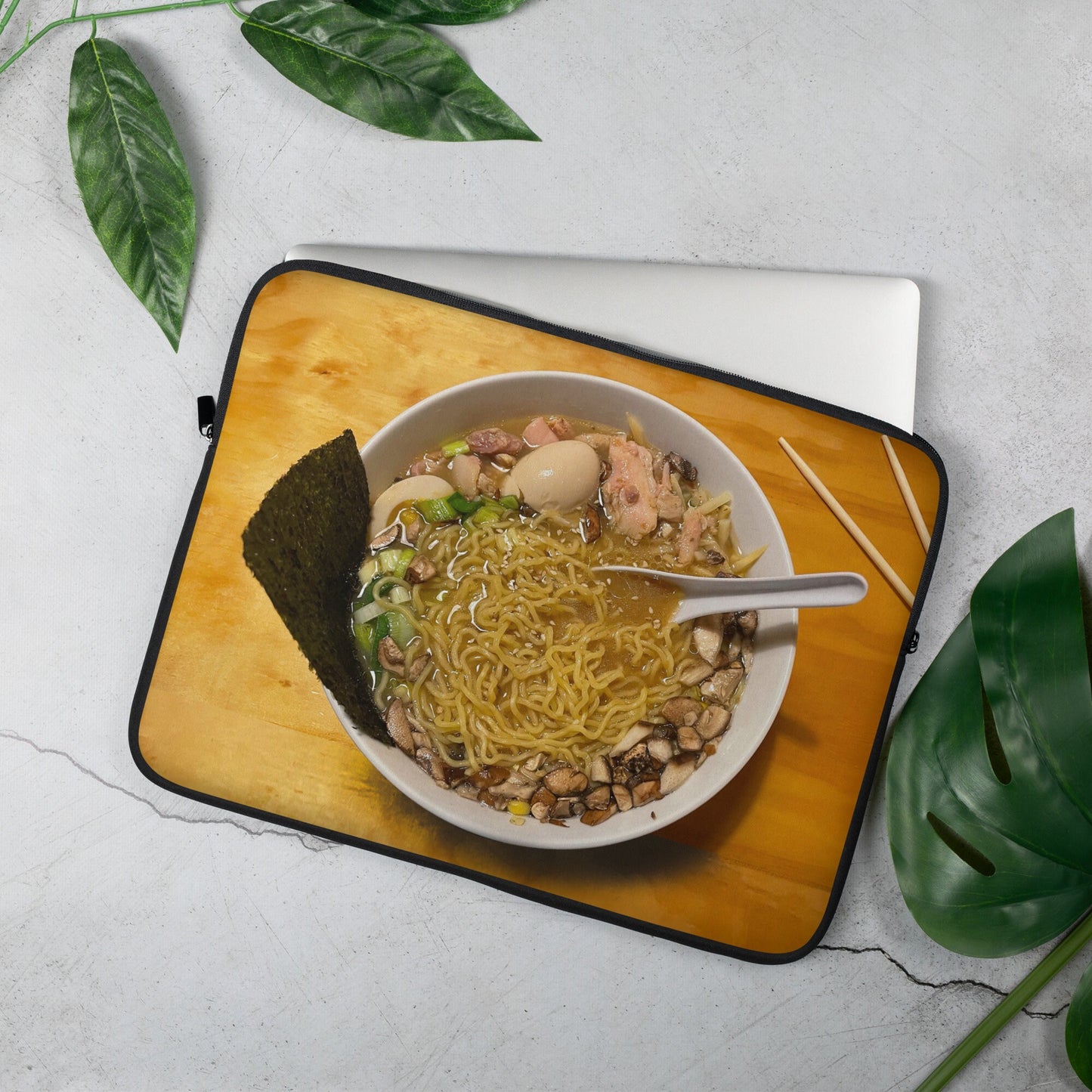 Laptop Sleeve with Ramen Art - Noodles and Miso Flavored ramen bowl - Chicken broth and random vegetables - Chopsticks and soup spoon