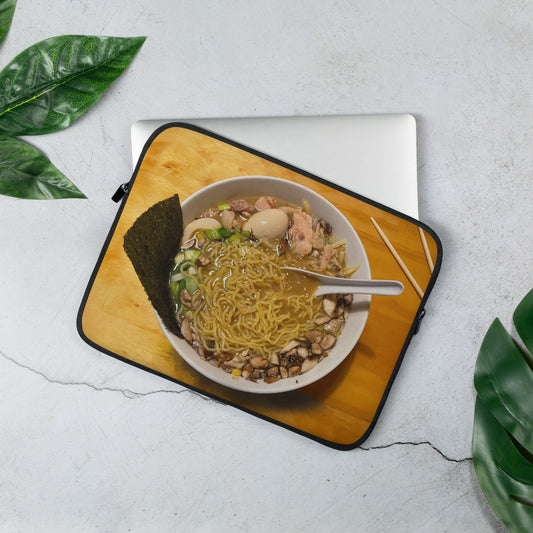 Laptop Sleeve with Ramen Art - Noodles and Miso Flavored ramen bowl - Chicken broth and random vegetables - Chopsticks and soup spoon