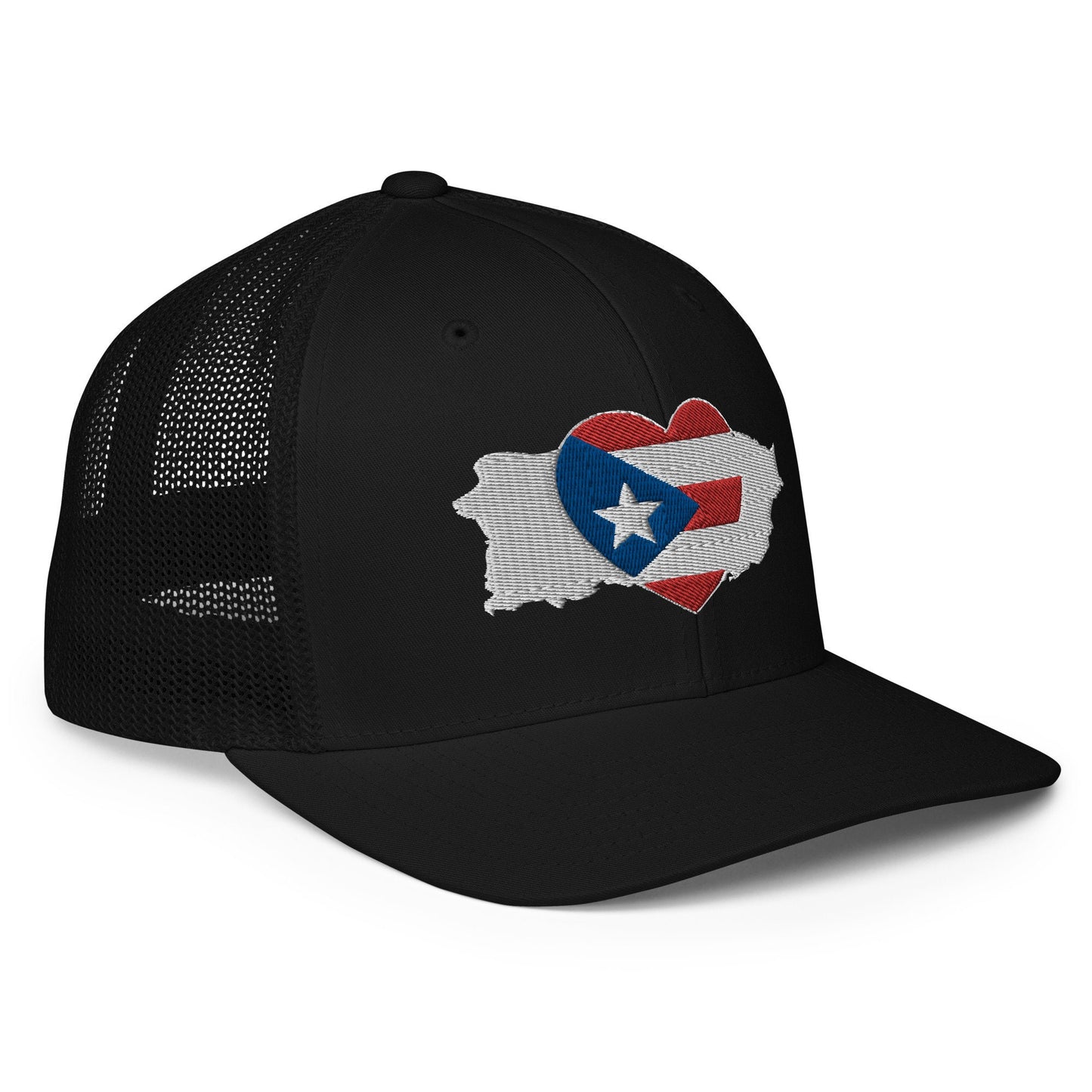 Closed-back trucker cap with an embroidered Puerto Rican love Icon on the front - Showing reverence for boricua culture and excellence