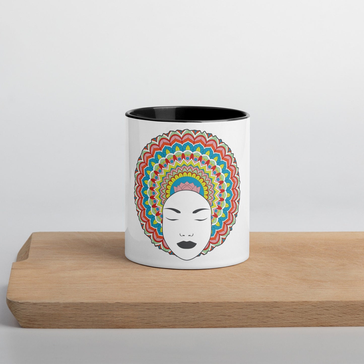 Mug with Color Inside - Rainbow Afro woman with matching Mandalas within her hair Drink your favorite coffee or tea just add sugar or honey