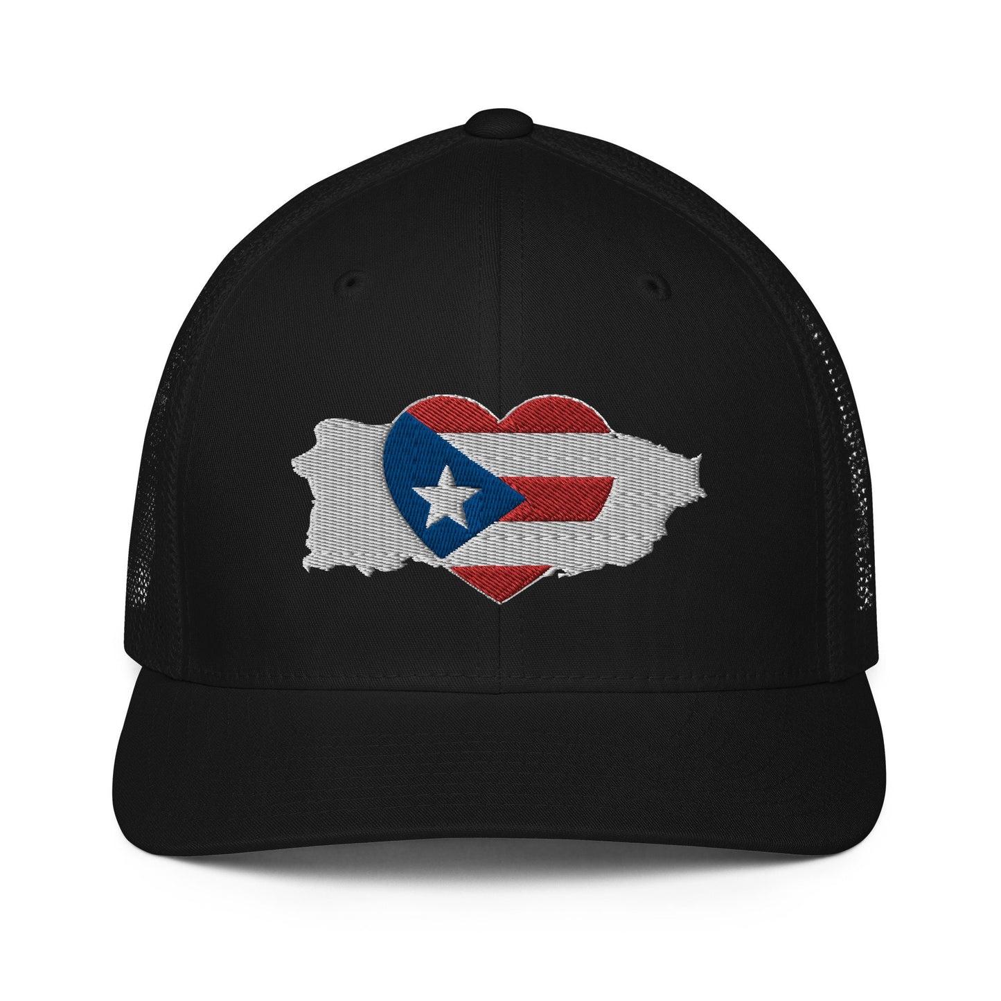Closed-back trucker cap with an embroidered Puerto Rican love Icon on the front - Showing reverence for boricua culture and excellence