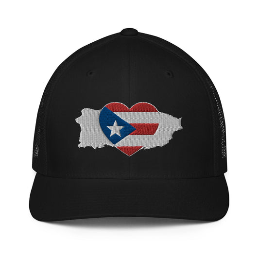 Closed-back trucker cap with an embroidered Puerto Rican love Icon on the front - Showing reverence for boricua culture and excellence