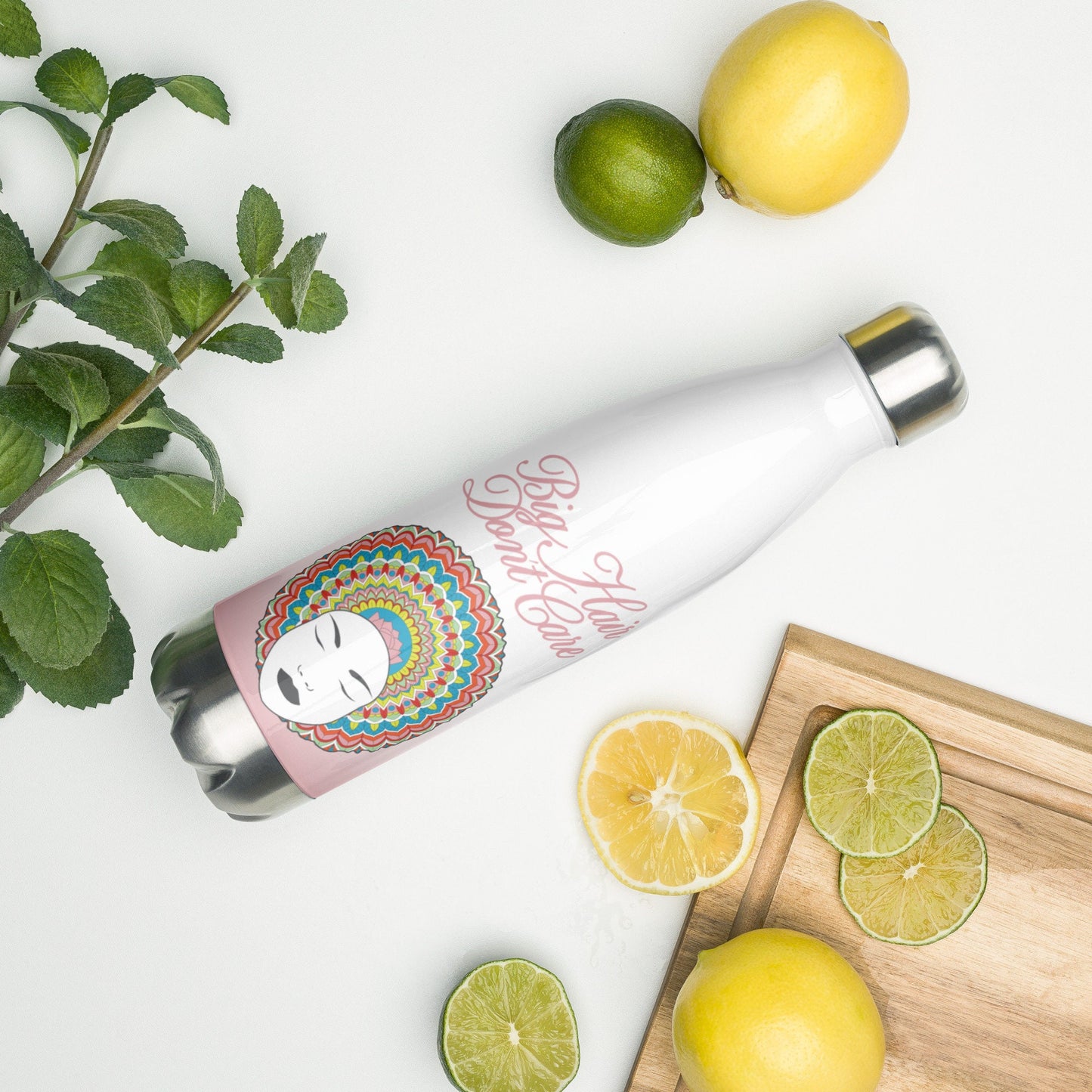Stainless Steel Water Bottle with Pretty Afro Girl - Big Hair Don't Care - colorful mandala with feathery pattern with the hair