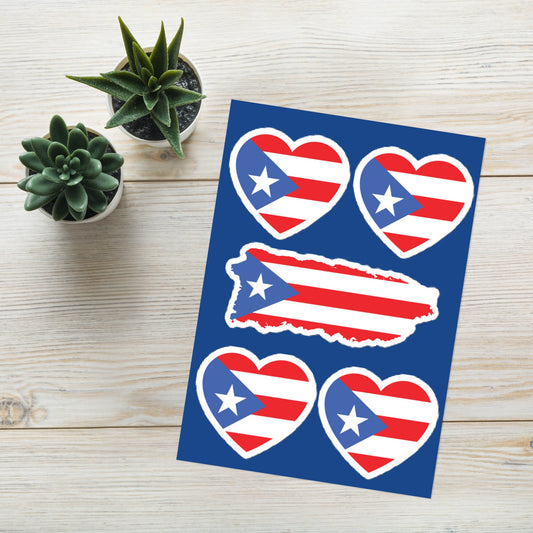 Amazing Sticker sheet with Heart Shaped Puerto Rican Flag Artwork - Wonderful Pride of the Boricuas and Taino People - Red white and blue