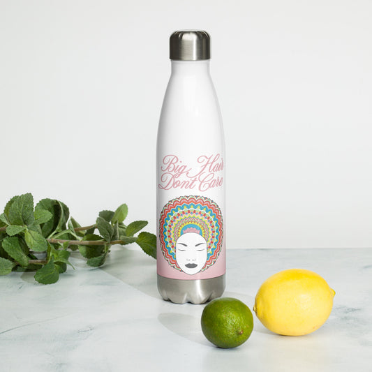 Stainless Steel Water Bottle with Pretty Afro Girl - Big Hair Don't Care - colorful mandala with feathery pattern with the hair