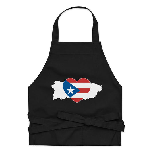 Organic cotton apron with Puerto Rico Symbol - White silhouetted island in the shape of the boricua's  home - carribean pride