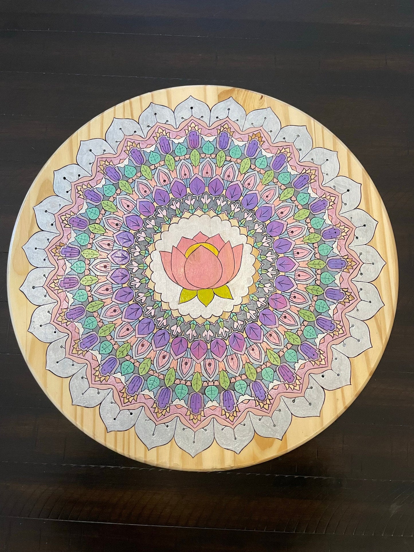18 inch Round Pine Mandala - Perfect for Center Pieces or Wall Decor - features a lotus as well as floral and intricate foliage patterns