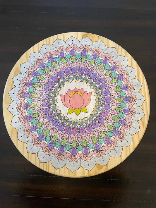 18 inch Round Pine Mandala - Perfect for Center Pieces or Wall Decor - features a lotus as well as floral and intricate foliage patterns