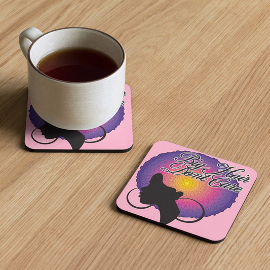 Pink Big Hair Don't Care Cork-back coaster with artwork showing a silhouetted woman and a decorative mandala etched in her hairstyle