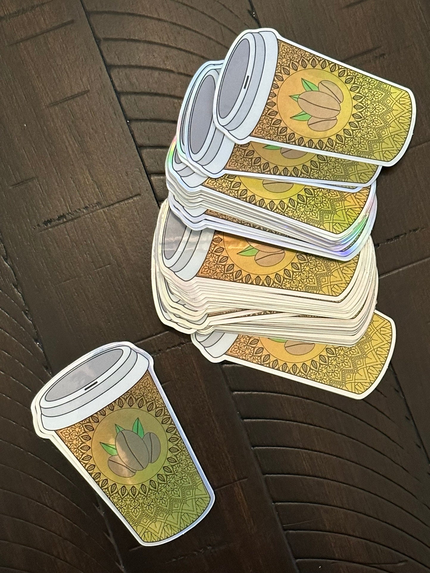 Coffee Sticker - Holographic Mandala Pattern Perfect for scrapbooking or laptops and tumblers showing different colors at certain angles