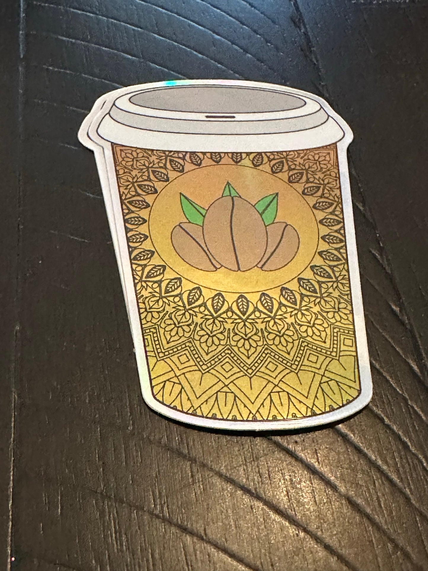 Coffee Sticker - Holographic Mandala Pattern Perfect for scrapbooking or laptops and tumblers showing different colors at certain angles