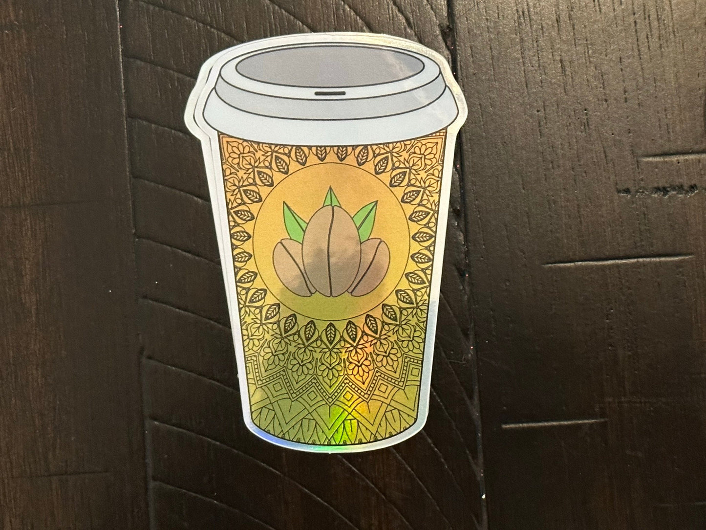 Coffee Sticker - Holographic Mandala Pattern Perfect for scrapbooking or laptops and tumblers showing different colors at certain angles
