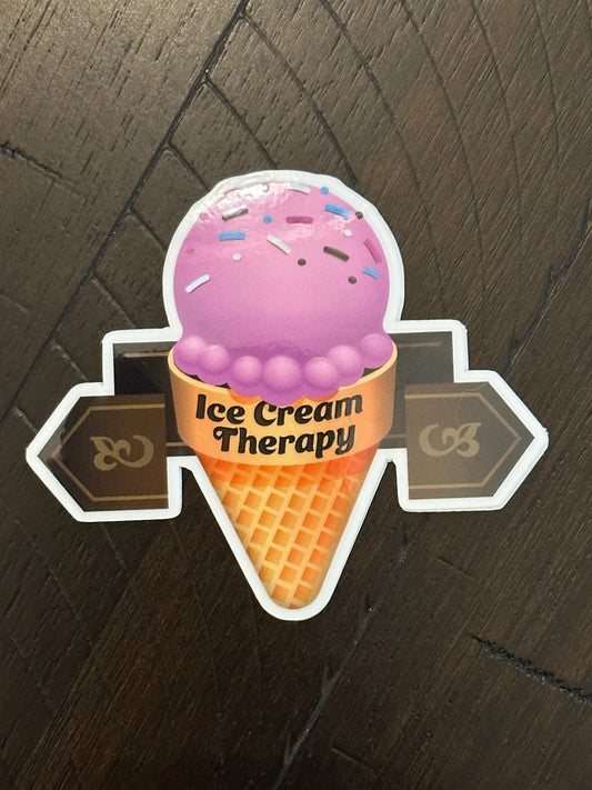 Ice Cream Therapy - Clear Sticker - 3 inches wide by 2.65 tall showing a strawberry sherbet with brown labels