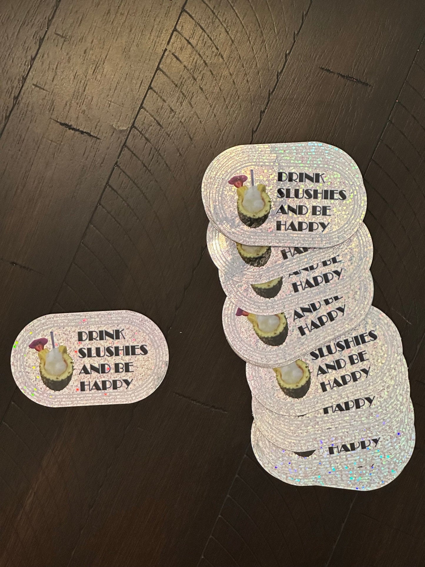 Drink Slushies and Be Happy Sticker - Glitter textured - 3.25" x 1.875 - Pineapple slushy with a cute pink umbrella - mixed beverage