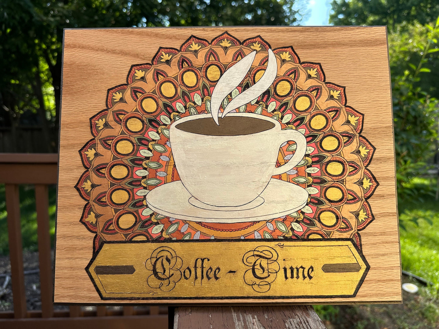 Coffee Time Mandala - Wood burned Plaque - Perfect For Tea Time - Metallic Acrylics showing a shiny geometric design - Meditation and Chakra