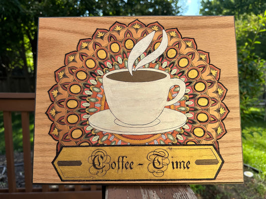 Coffee Time Mandala - Wood burned Plaque - Perfect For Tea Time - Metallic Acrylics showing a shiny geometric design - Meditation and Chakra