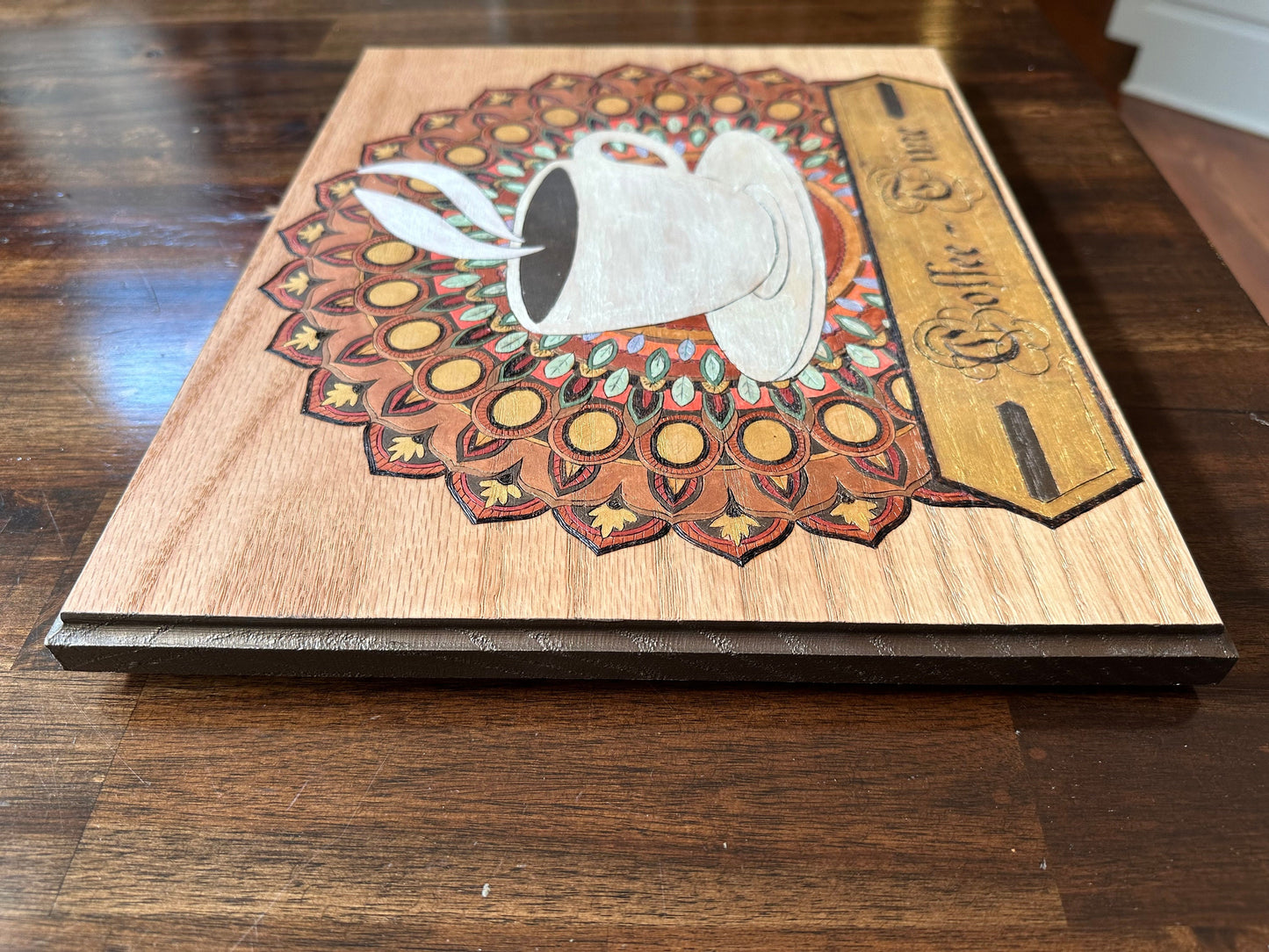 Coffee Time Mandala - Wood burned Plaque - Perfect For Tea Time - Metallic Acrylics showing a shiny geometric design - Meditation and Chakra