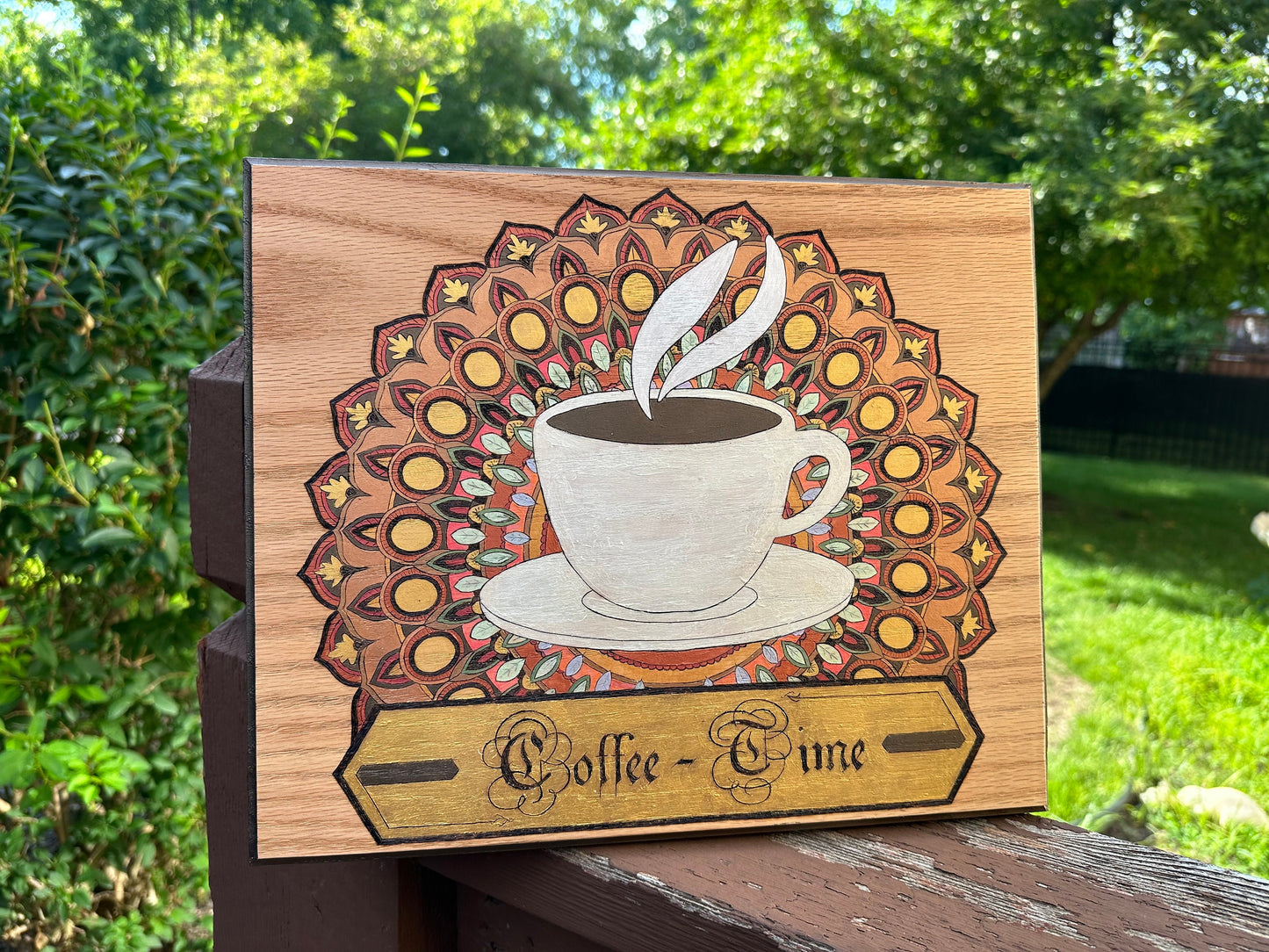 Coffee Time Mandala - Wood burned Plaque - Perfect For Tea Time - Metallic Acrylics showing a shiny geometric design - Meditation and Chakra