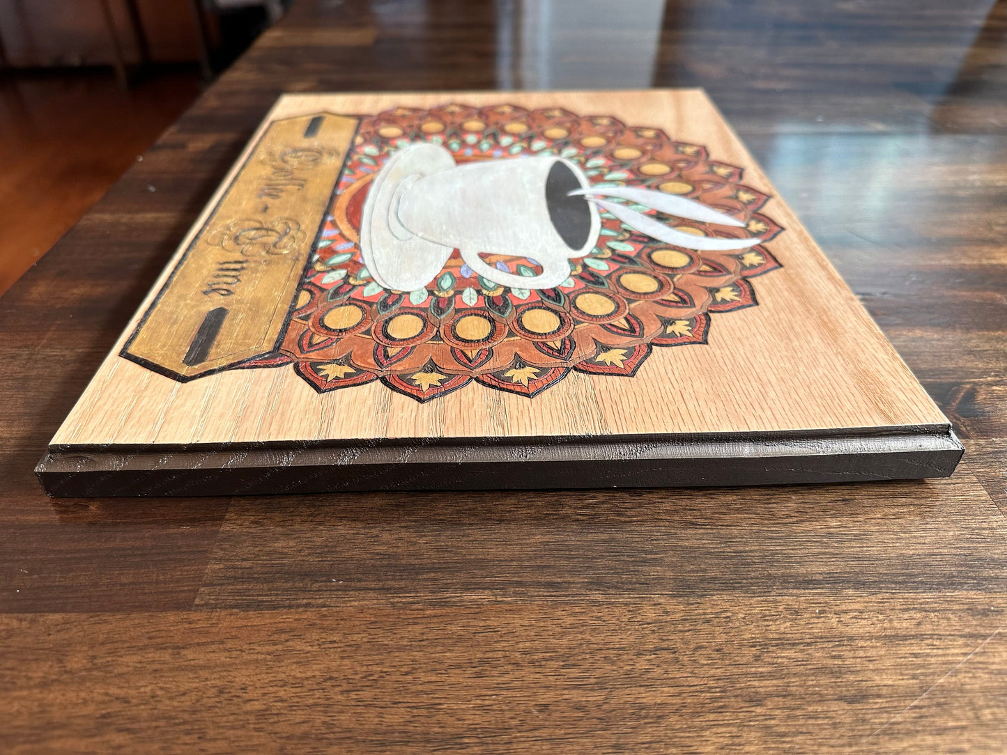 Coffee Time Mandala - Wood burned Plaque - Perfect For Tea Time - Metallic Acrylics showing a shiny geometric design - Meditation and Chakra