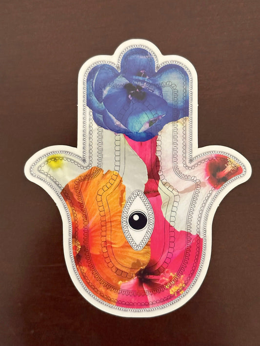 Hamsa Sticker - clear sticker with flowers inlaid within the Aztec patterned hieroglyphs with an eye in the center - random floral patterns