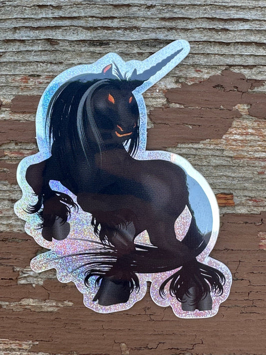 Black Unicorn Sticker with Pixie Dust Texture with glowing orange eyes - Nightmare showing ghoulish eyes and standing on rear hooves