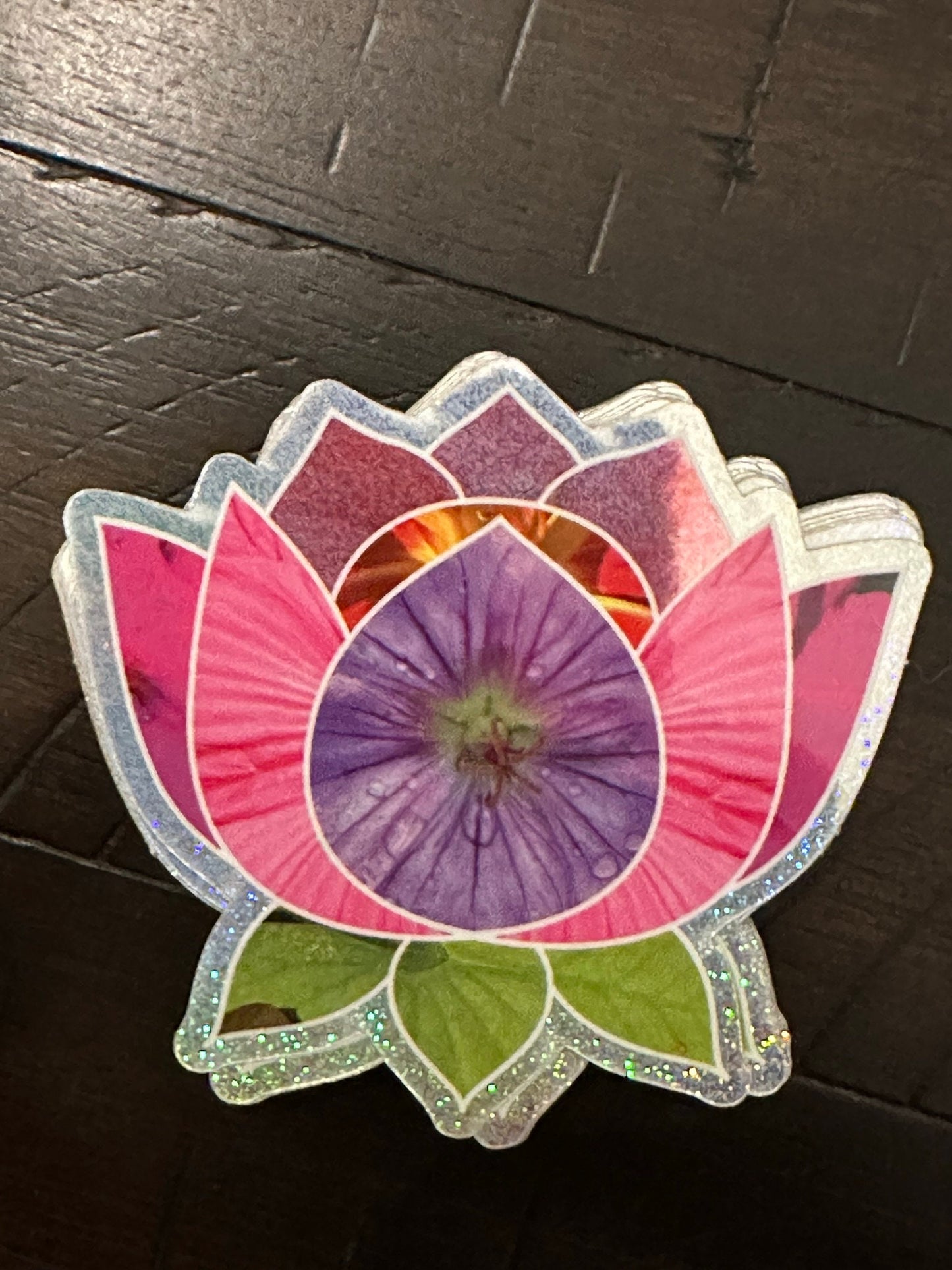 Lotus Flower Sticker with assorted floral patterns within the pedals and leaves - pink and purple hues and tones Pixie Dust Sticker