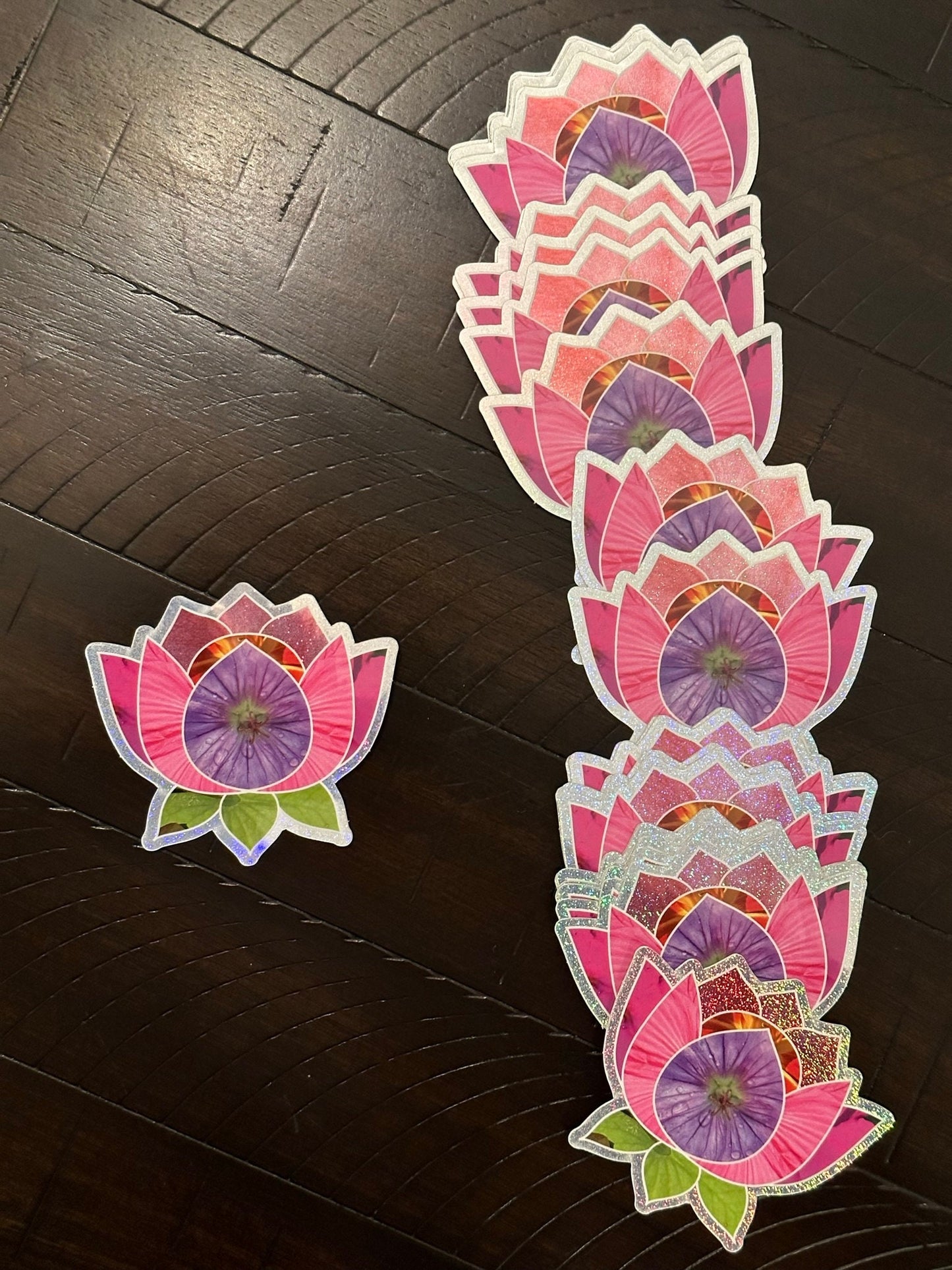 Lotus Flower Sticker with assorted floral patterns within the pedals and leaves - pink and purple hues and tones Pixie Dust Sticker