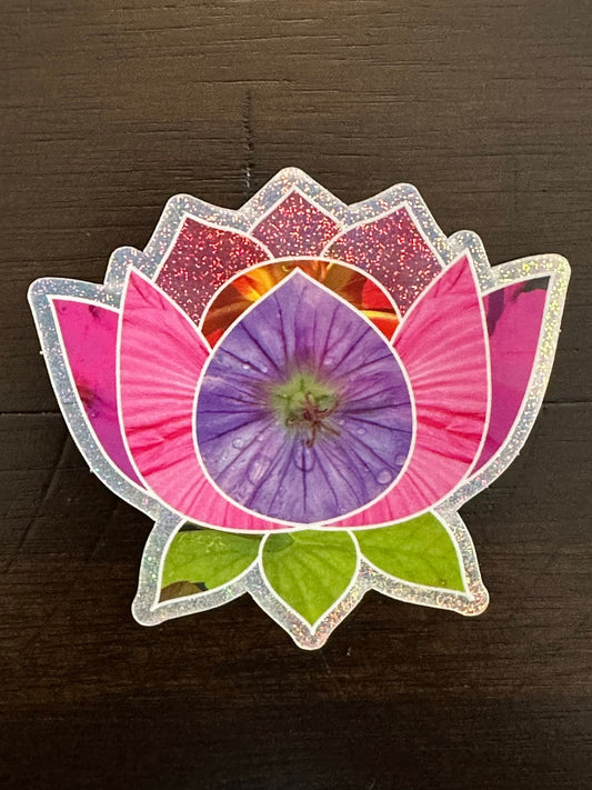Lotus Flower Sticker with assorted floral patterns within the pedals and leaves - pink and purple hues and tones Pixie Dust Sticker