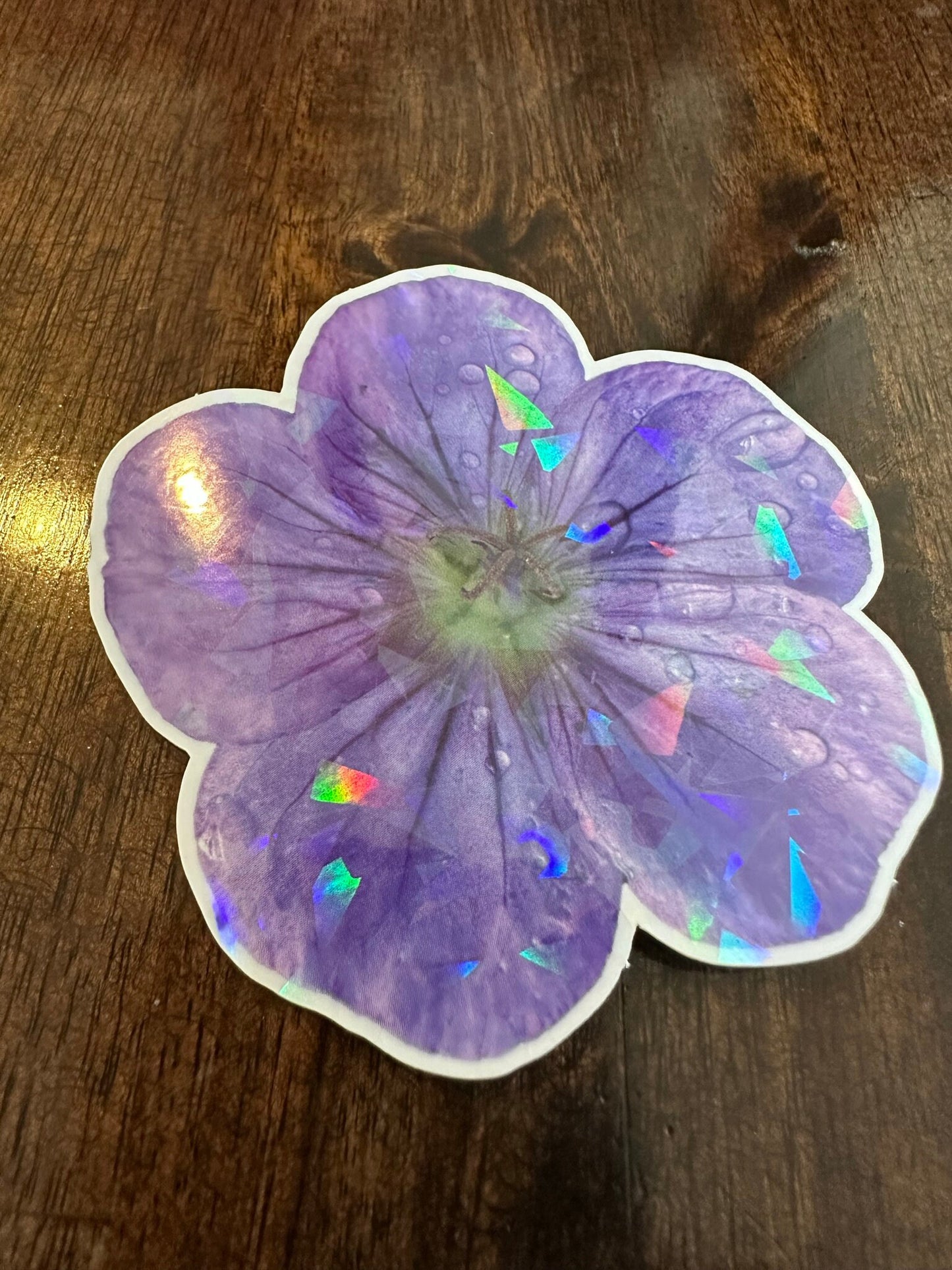 Purple Flower Vinyl Sticker with Added Cracked Ice Effect - Cracked Rainbow pattern shows up when viewed at different angles